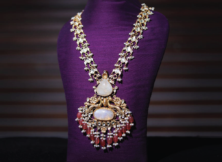 Saree with 2025 long necklace