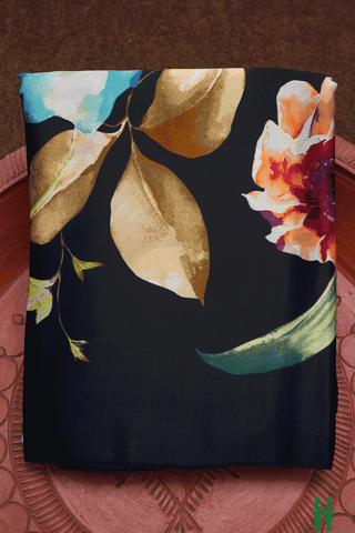 Floral Digital Printed Black Satin Crepe Saree