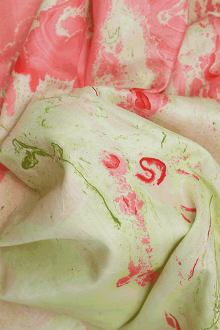 Stone Texture Design Green And Pink Hand Marble Silk Saree