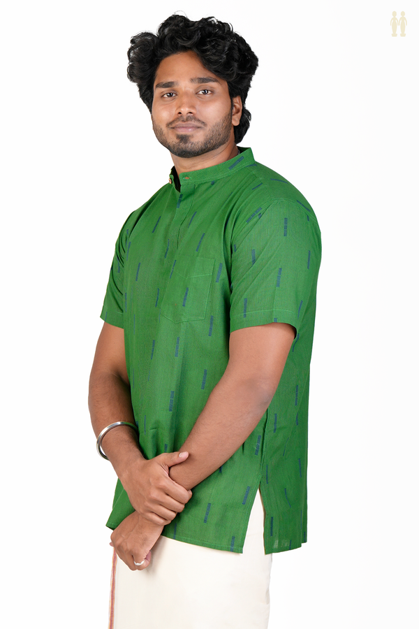 Chinese Collar Stripes Design Green Cotton Short Kurta