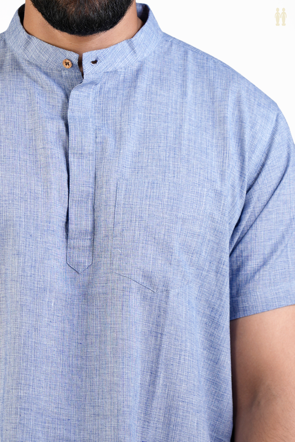 Chinese Collar Plain Blue Cotton Short Kurta