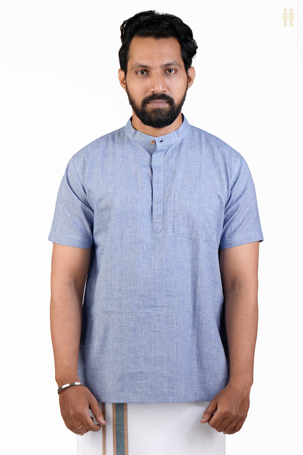 Chinese Collar Plain Blue Cotton Short Kurta