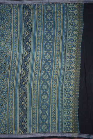 Lotus Printed Motifs Berry Blue Ajrakh Chanderi Cotton Saree