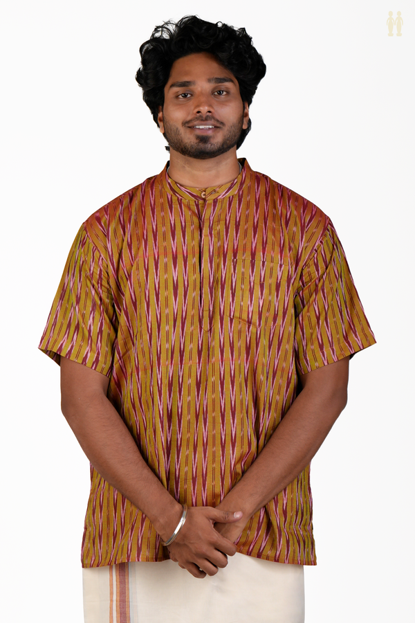 Chinese Collar Printed Design Dual Tone Ikat Cotton Short Kurta