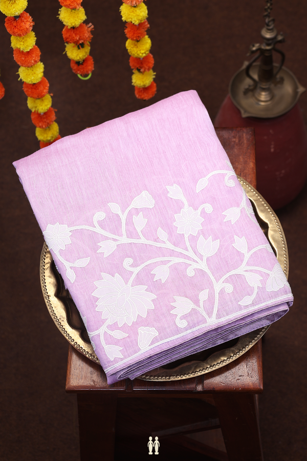 Linen Saree In Plain Pastel Purple With Floral Border