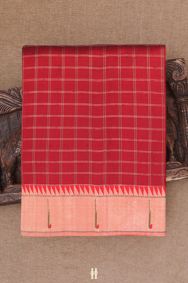 Paithani Silk Saree In Cherry Red With Checks Design