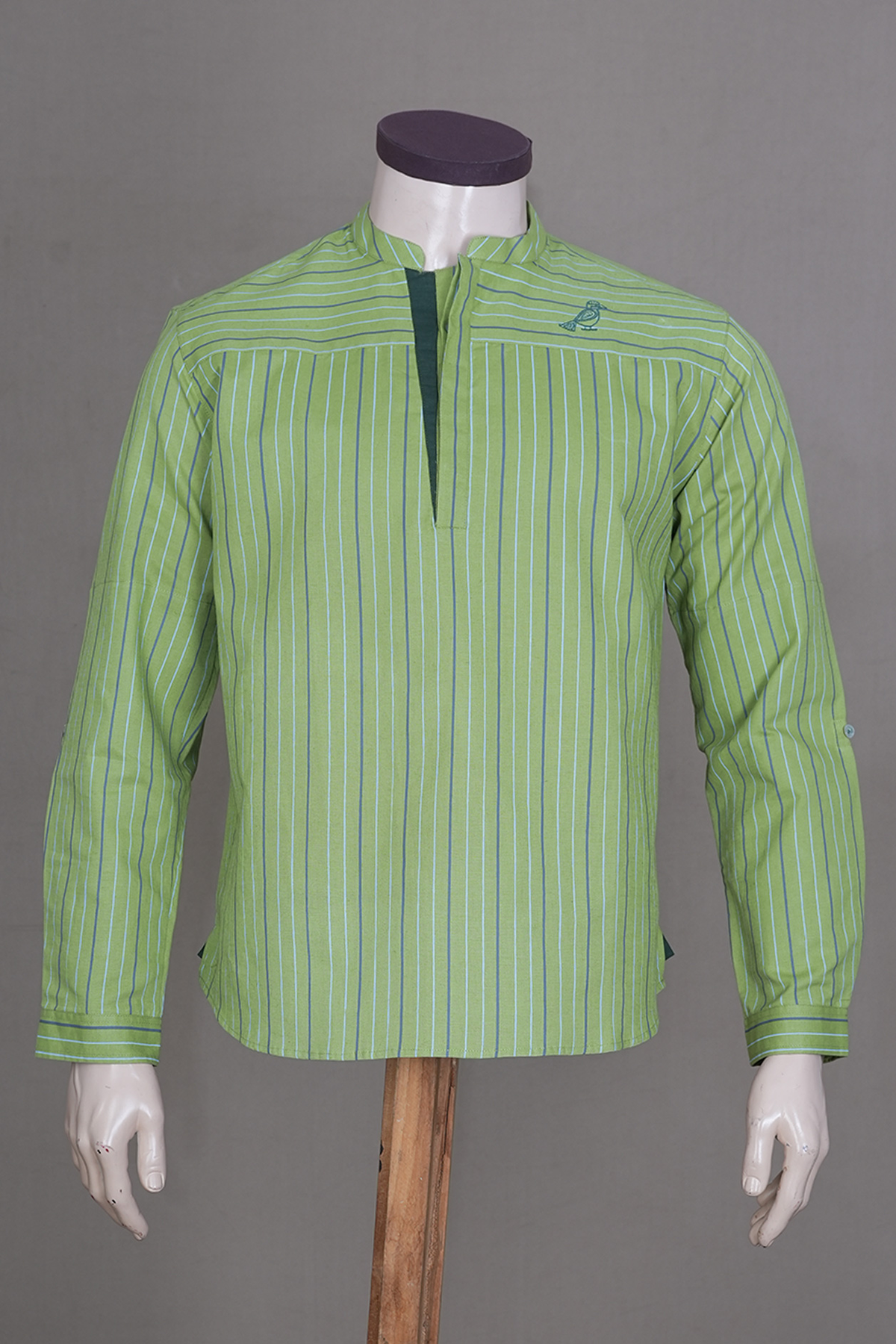 Stripes With Bird Embroidery Pastel Green Cotton Short Kurta