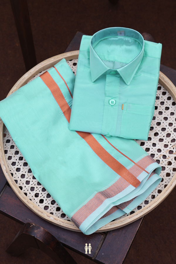 Regular Collar Turkish Blue Art Silk Shirt With Velcro Dhoti Set