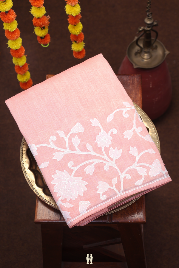 Linen Saree In Plain Blush Orange With Floral Border
