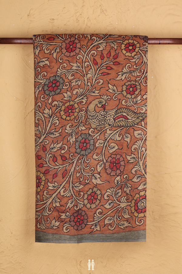 Kanchipuram Silk Saree In Brown With Hand Painted Design