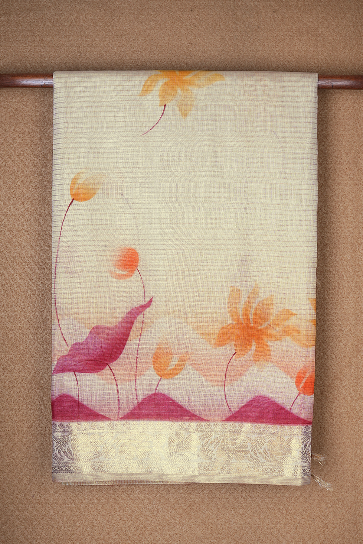 Floral Digital Printed Cream Color Semi Tissue Saree