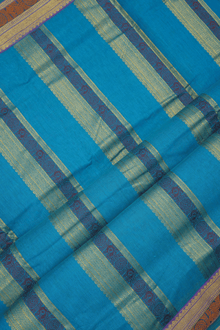 Traditional Border Cerulean Blue Nine Yards Cotton Saree