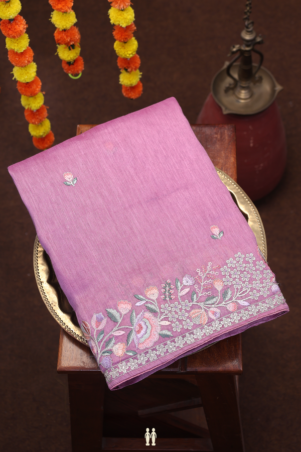 Linen Saree In Dusty Purple Floral Threadwork Buttas