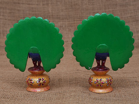 Set Of 2 Medium Size Wooden Peacock Statue For Showpiece