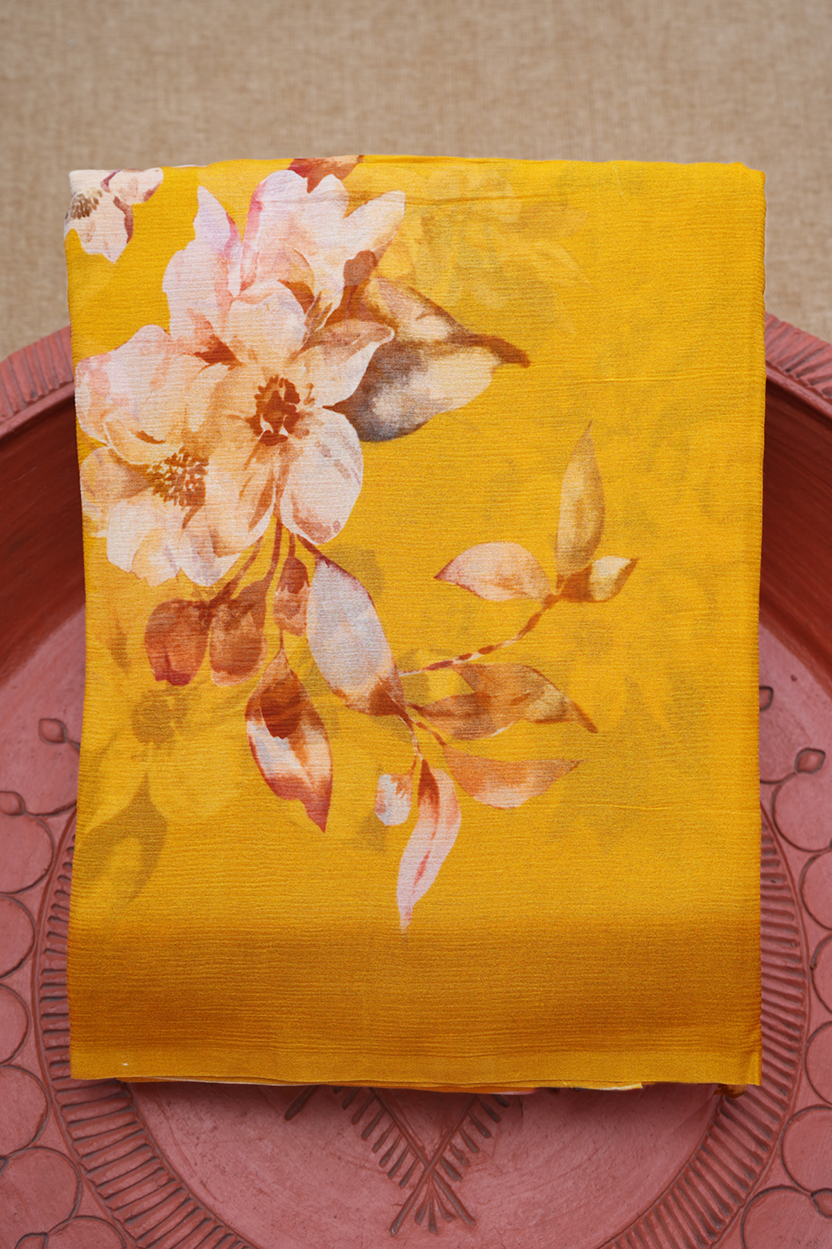 Floral Digital Printed Honey Orange Chiffon Saree