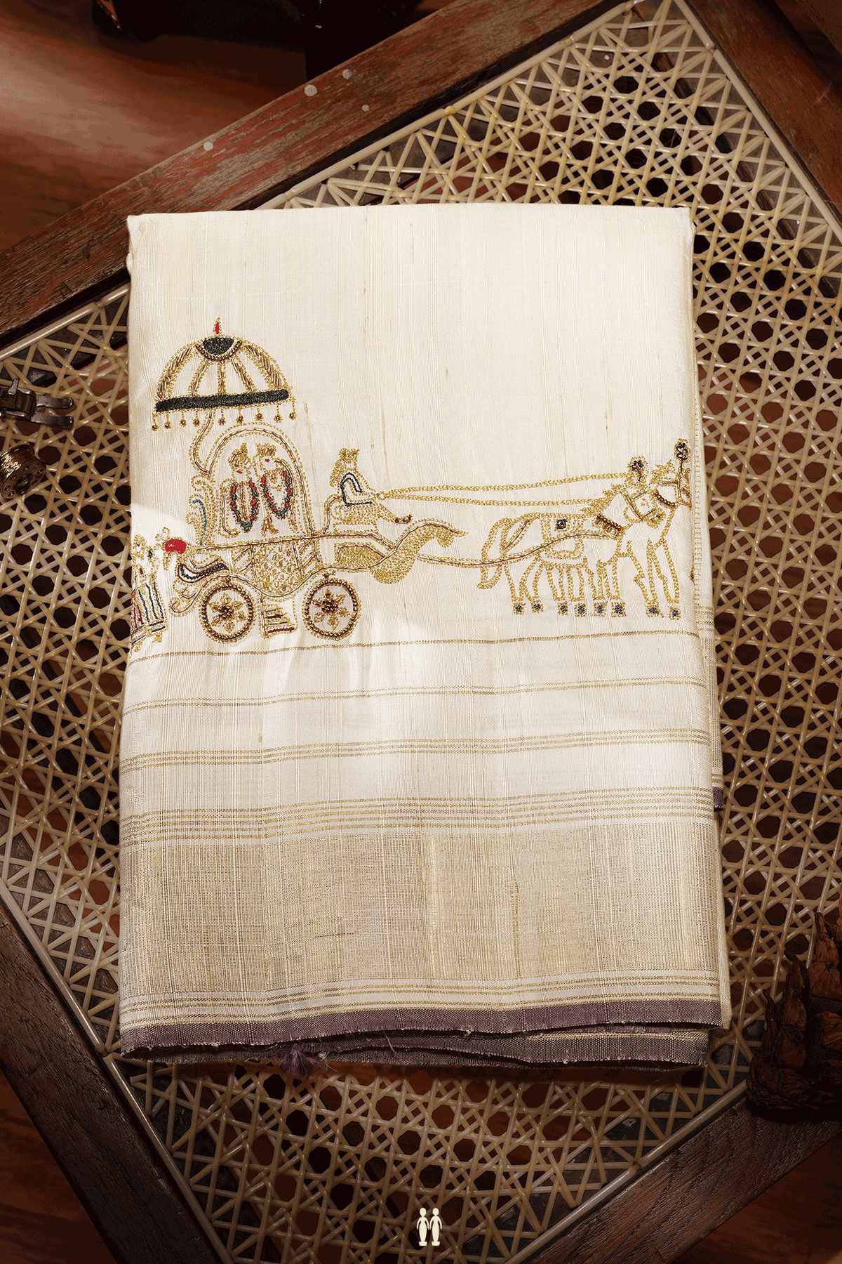 Embroidered Border Egg White Silk Dhoti With Angavastram Set
