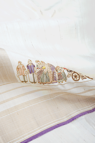 Embroidered Border Egg White Silk Dhoti With Angavastram Set