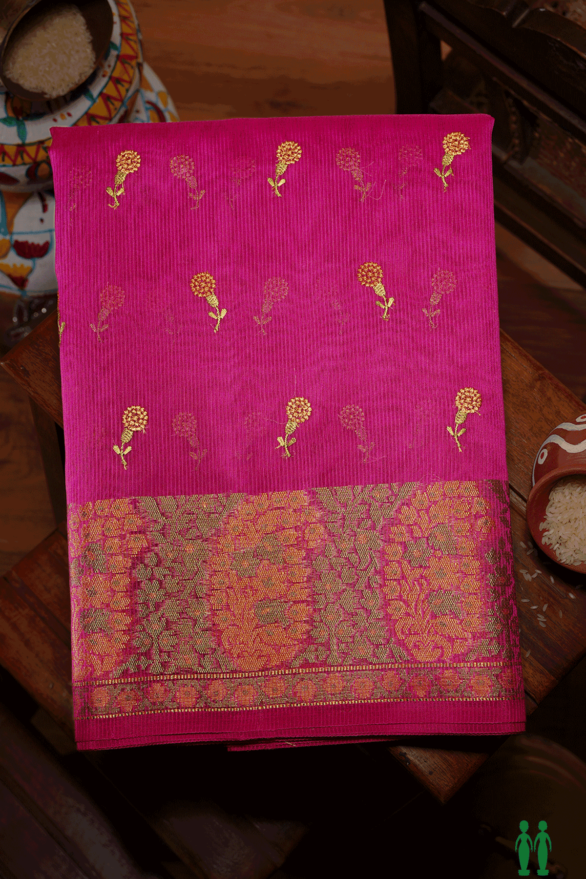 Floral Embroidered Buttas Magenta Kota Cotton Saree