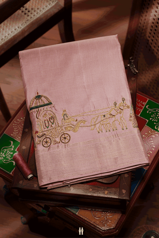 Embroidered Border Dusty Pink Silk Dhoti With Angavastram Set