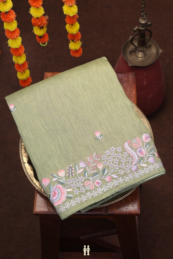 Linen Saree In Moss Green Floral Threadwork Buttas