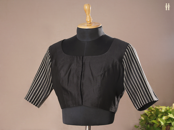Boat Neck With Stripes Design Black Chanderi Readymade Blouse