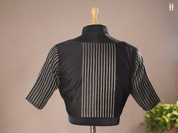 Boat Neck With Stripes Design Black Chanderi Readymade Blouse