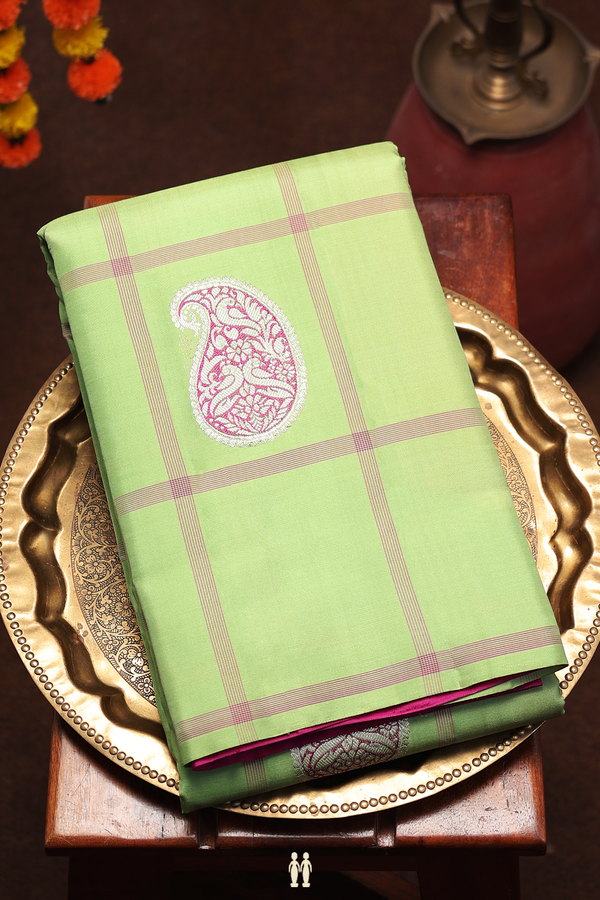 Kanchipuram Silk Saree In Green With Checks Along Buttas