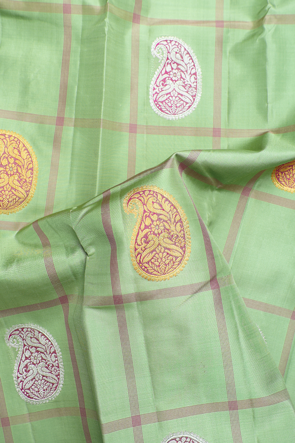 Kanchipuram Silk Saree In Green With Checks Along Buttas