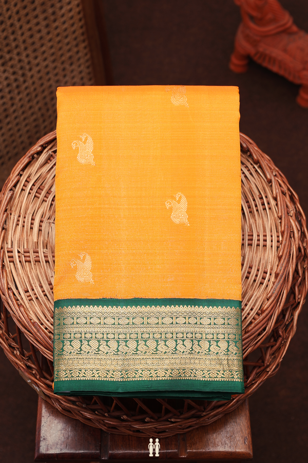 Kanchipuram Silk Saree In Royal Orange With Paisley Buttas