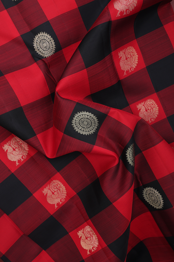 Kanchipuram Silk Saree In Red And Black With Checks Design