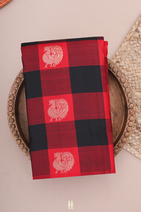 Kanchipuram Silk Saree In Red And Black With Checks Design