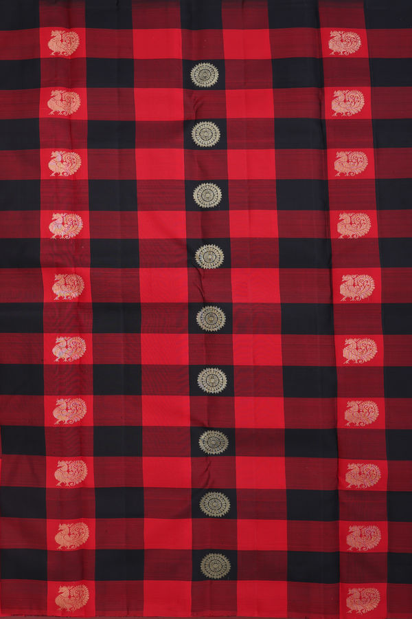 Kanchipuram Silk Saree In Red And Black With Checks Design