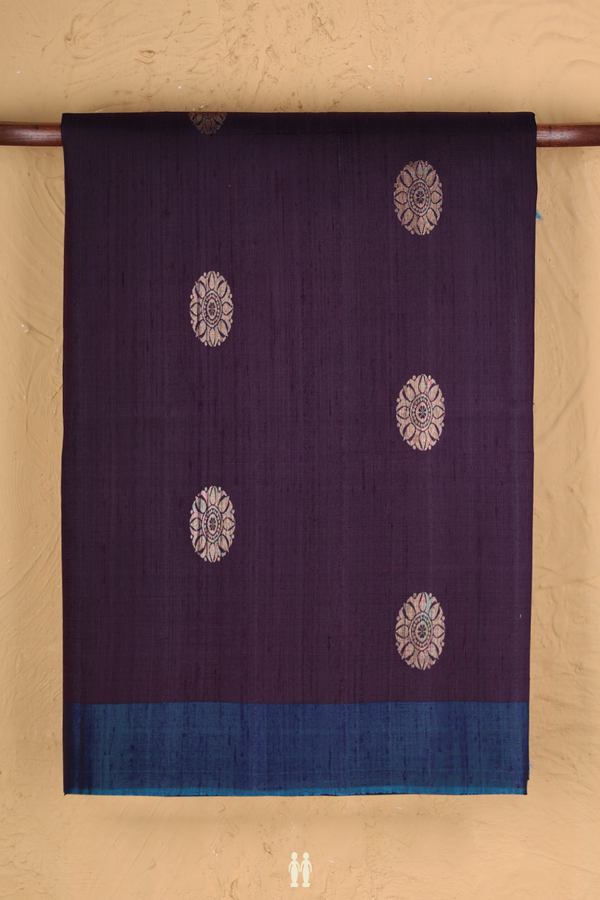 Raw Silk Saree In Dark Purple With Zari Buttas