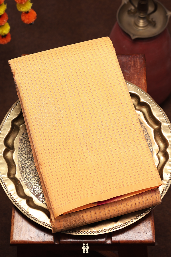 Kanchipuram Silk Saree Melon Orange With Checks Along Buttas