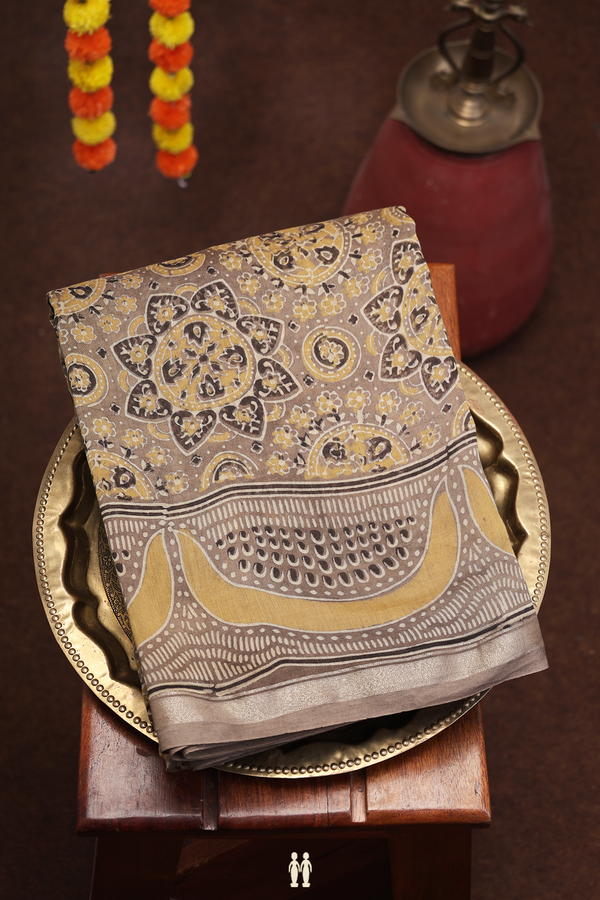 Ajrakh Cotton Saree In Brown With Allover Design