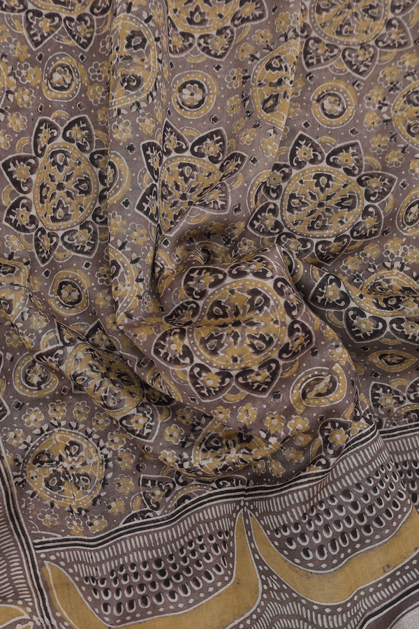 Ajrakh Cotton Saree In Brown With Allover Design