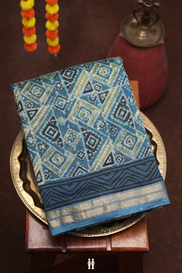 Ajrakh Cotton Saree In Capri Blue With Printed Design