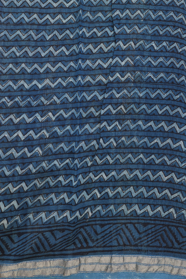 Ajrakh Cotton Saree In Capri Blue With Printed Design