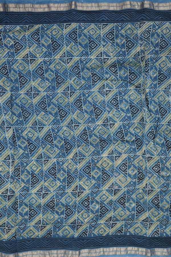 Ajrakh Cotton Saree In Capri Blue With Printed Design
