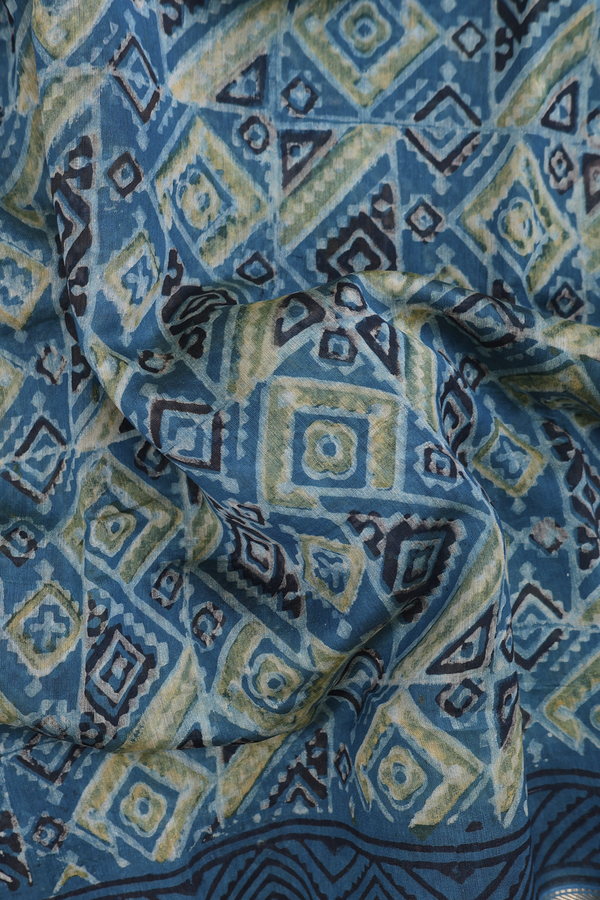 Ajrakh Cotton Saree In Capri Blue With Printed Design