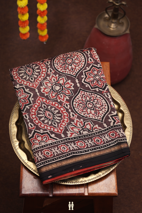Ajrakh Cotton Saree In Coffee Brown With Floral Design