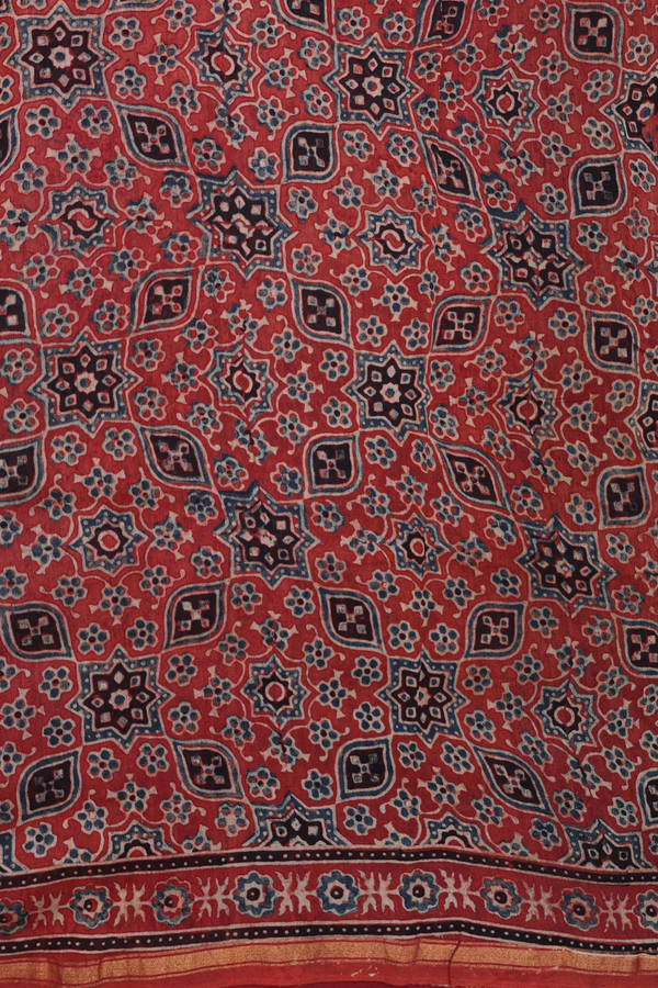 Ajrakh Cotton Saree In Coffee Brown With Floral Design