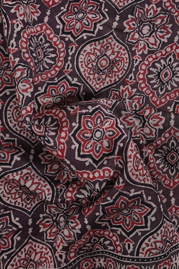 Ajrakh Cotton Saree In Coffee Brown With Floral Design
