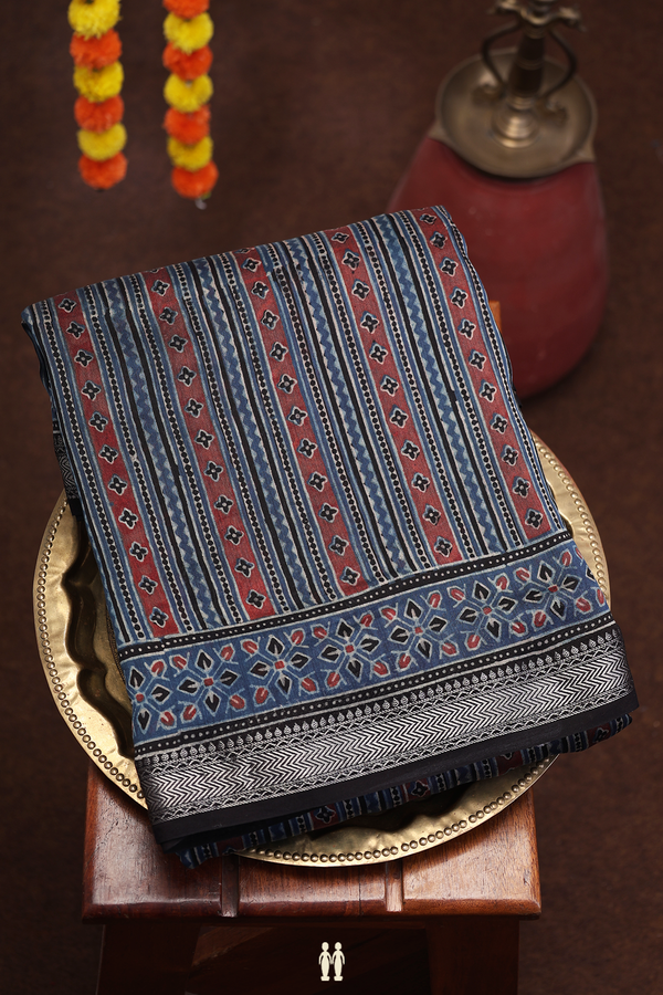 Ajrakh Cotton Saree In Prussian Blue With Stripes Design