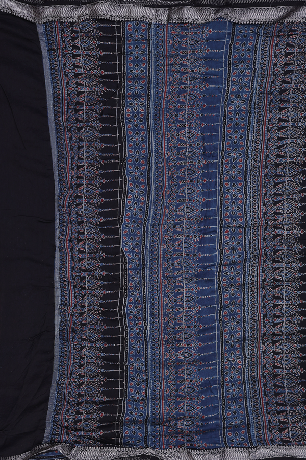 Ajrakh Cotton Saree In Prussian Blue With Stripes Design