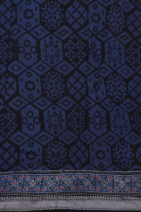 Ajrakh Cotton Saree In Prussian Blue With Stripes Design