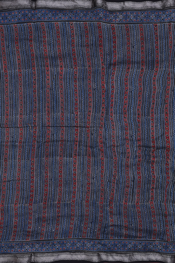 Ajrakh Cotton Saree In Prussian Blue With Stripes Design