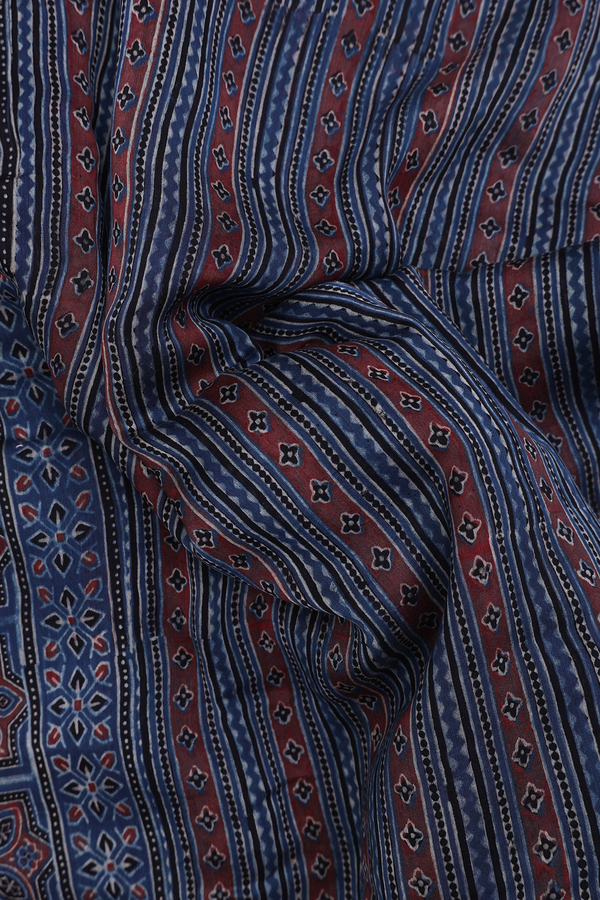 Ajrakh Cotton Saree In Prussian Blue With Stripes Design