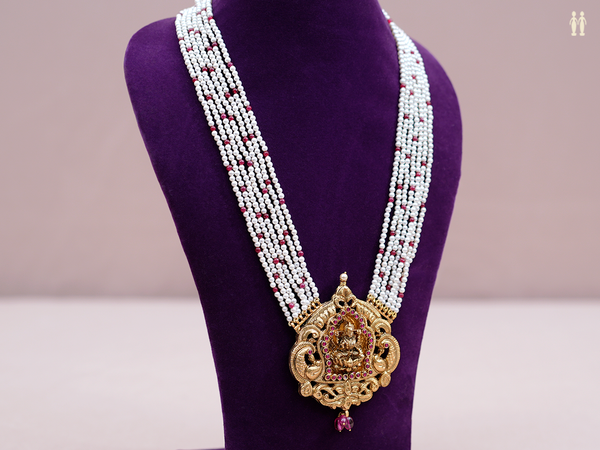 Antique Design With Multi Layered Pearls Silver Long Necklace