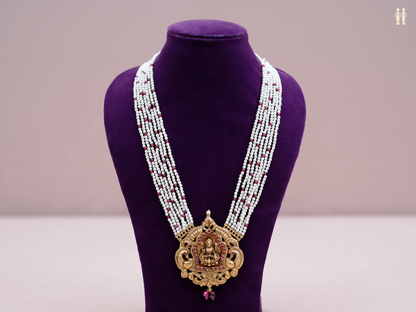 Antique Design With Multi Layered Pearls Silver Long Necklace